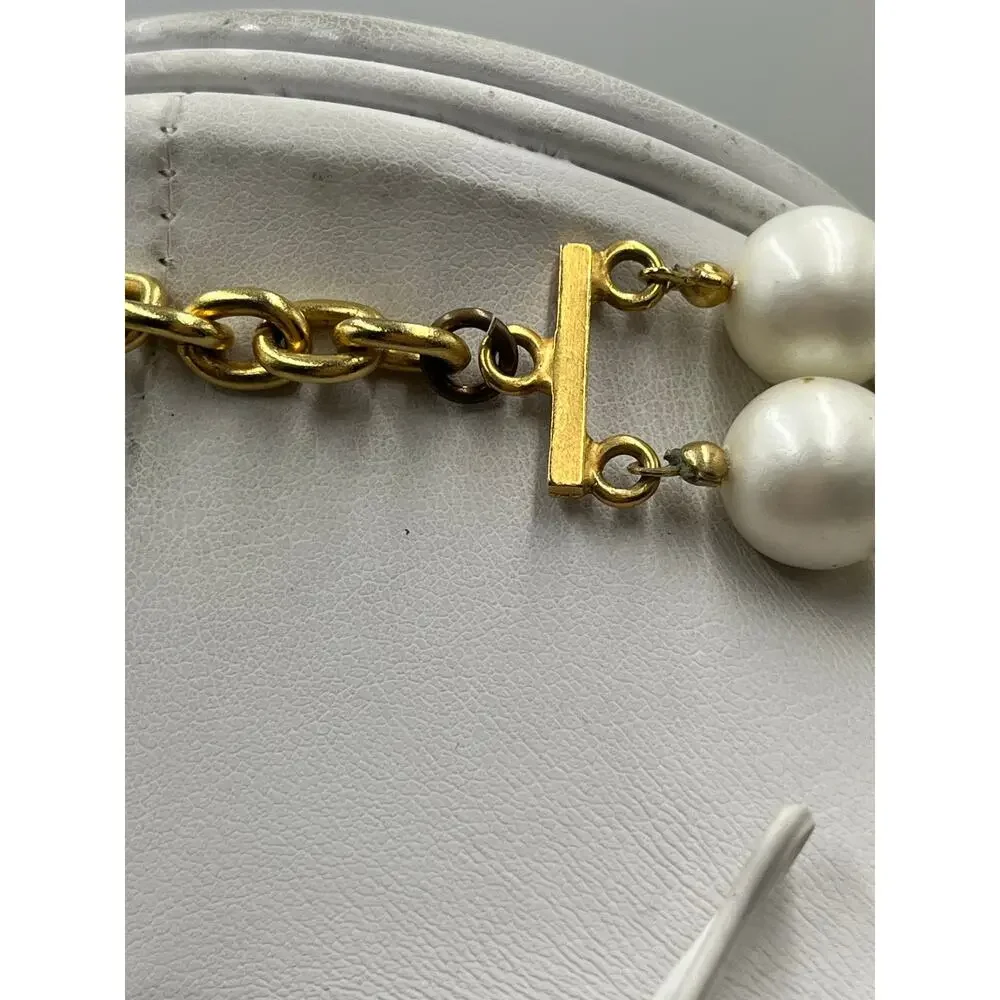 Vintage Large Double Strand Ivory Faux Acrylic Pearl Gold Tone Hook Necklace 20m